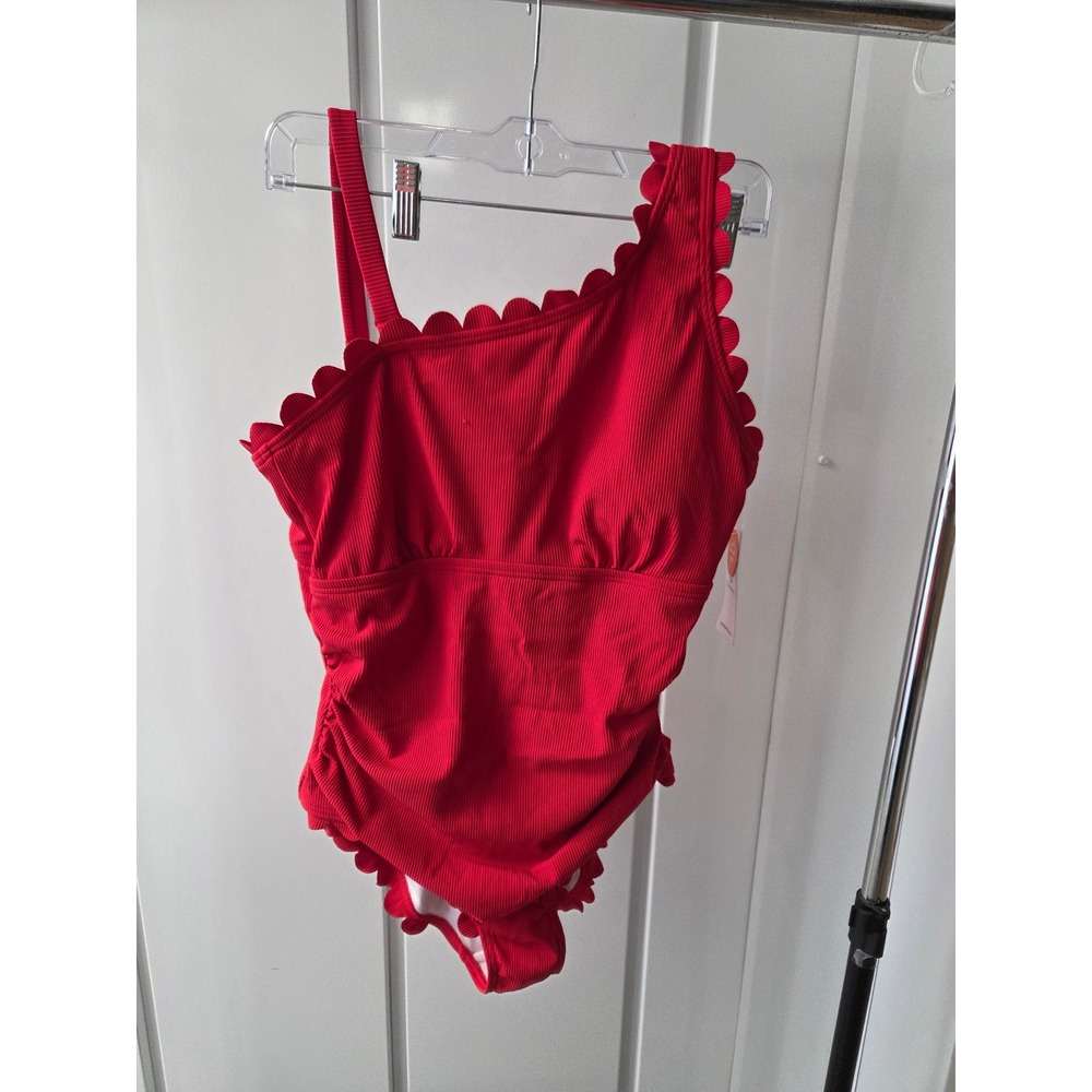 Charmo Red Scalloped One Shoulder Ribbed One Piece Swimsuit Size L NWT **Snag**